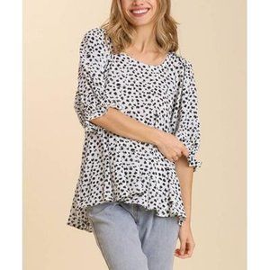 UMGEE U.S.A. /Off White & Black Brushstroke Puff Sleeve Hi-Low Tunic / NWT / Sm
